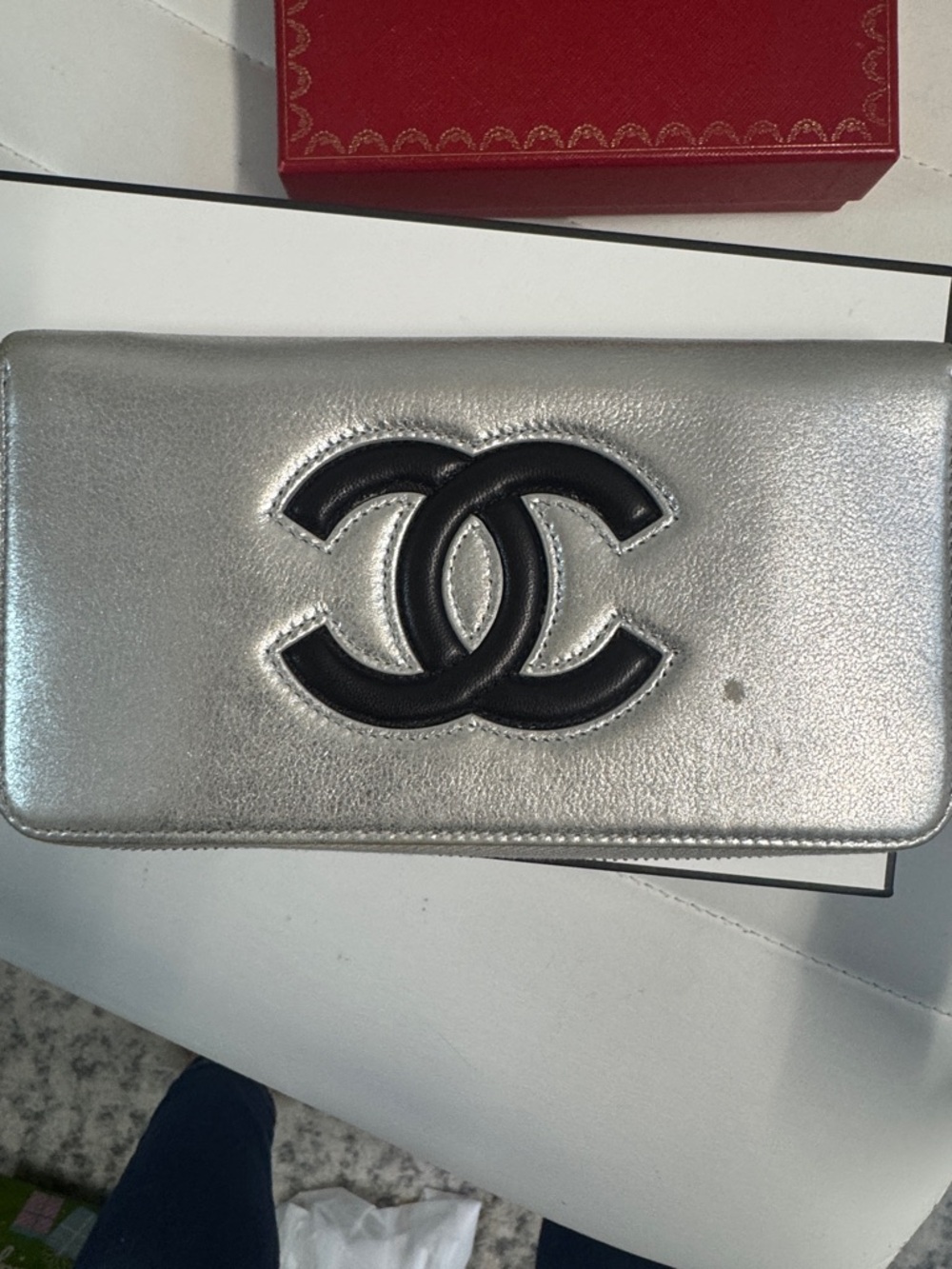 CHANEL Silver Leather Wallet with Black CC Logo